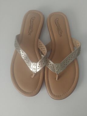City Classified Metallic Taupe/Gold Perforated Toe-Post Sandals